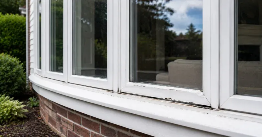technician inspecting bow window frame and seal for damage in Stratford