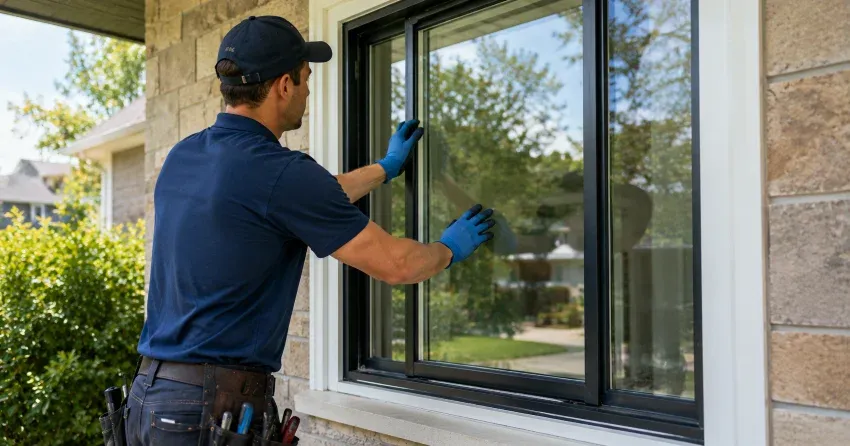 technician measuring a broken window pane for replacement in North Pointe Estates, Stratford