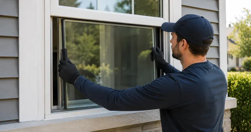 technician boarding up broken window during emergency glass repair Stratford