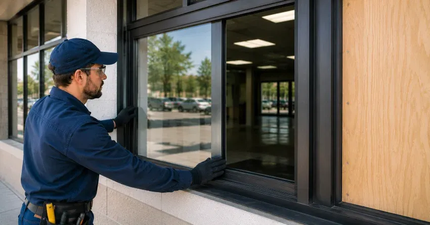 technician boarding a broken window after a break-in in Stratford