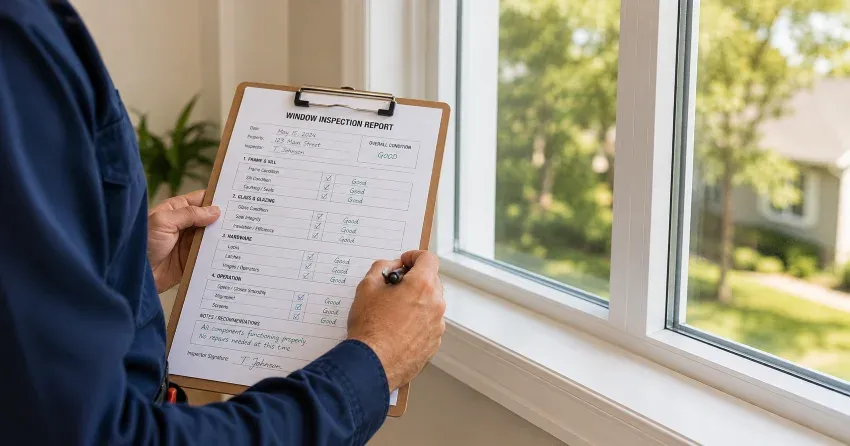 technician inspecting window seal and frame in Stratford