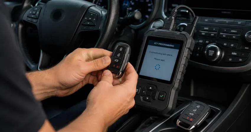 technician inspecting a worn car key before replacement in Stratford