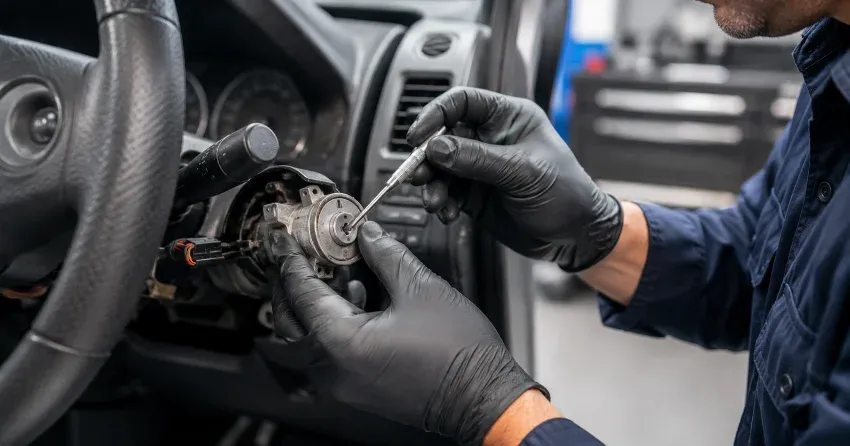 technician diagnosing an ignition lock repair issue in Stratford