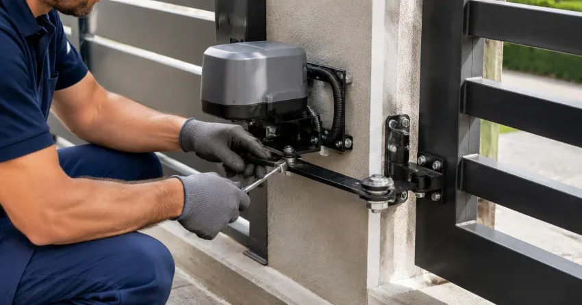 technician diagnosing automatic gate motor and control panel in Stratford