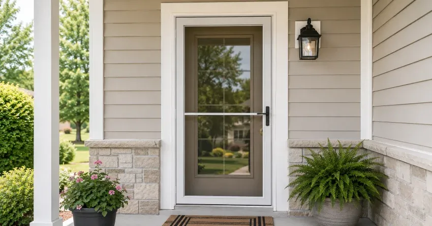 technician hanging storm door square and plumb in Forest Road, Stratford