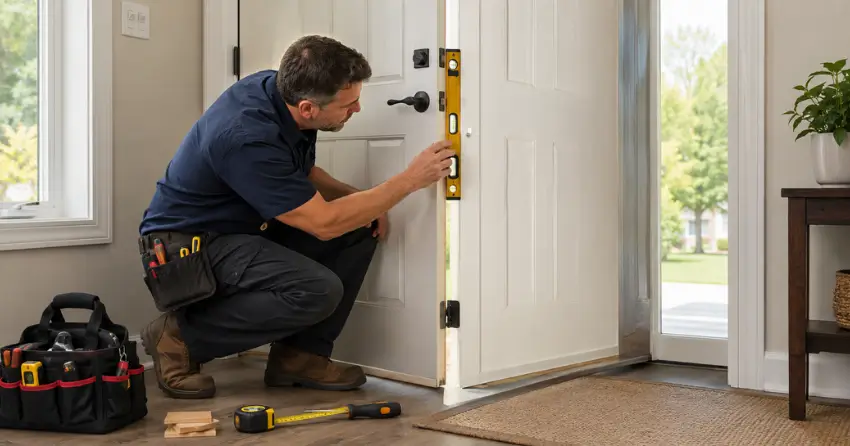 technician diagnosing a misaligned door frame in Stratford