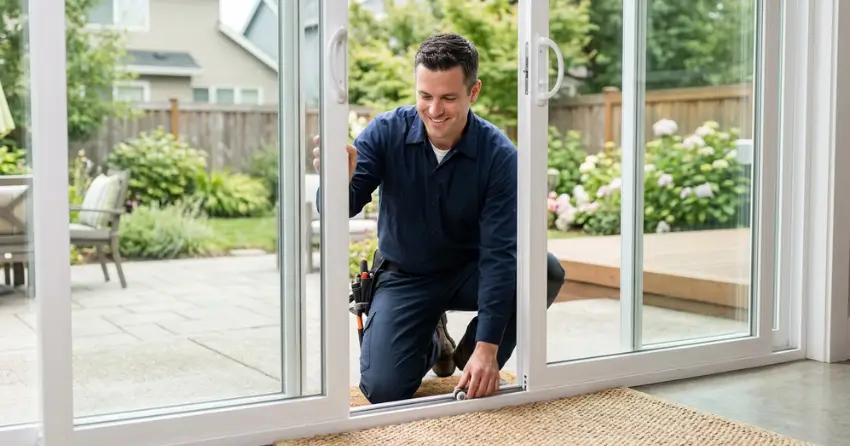 technician diagnosing a sticking patio door in Stratford