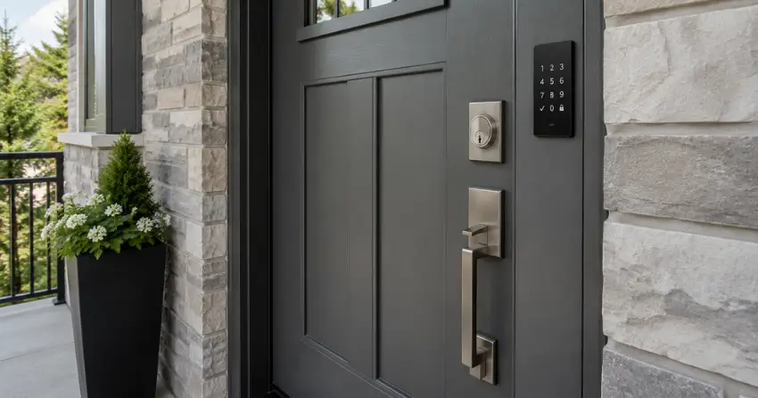 High-security door hardware and access control keypad installed on a residential entry door in Stratford