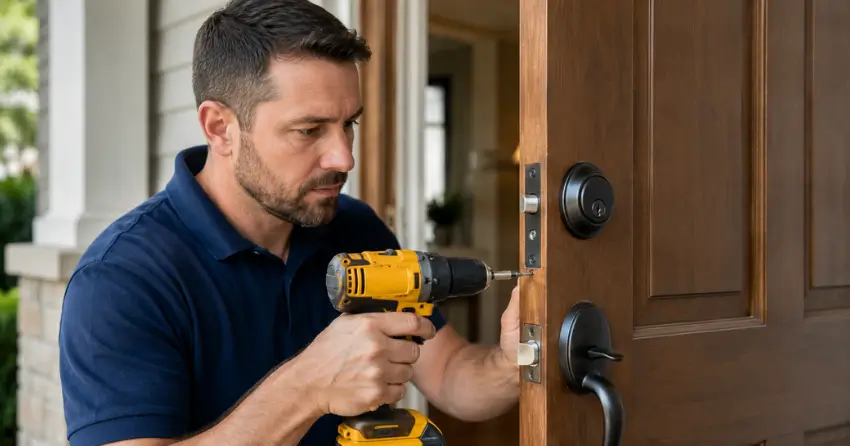 technician installing a new deadbolt during Change Door Lock Forest Road, Stratford service