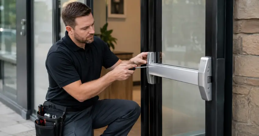 commercial locksmith repairing exit device on storefront door Forest Road, Stratford