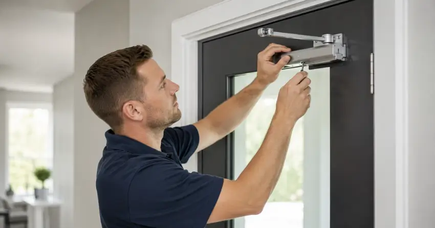 technician adjusting door closer hydraulic valve in Forest Road, Stratford home