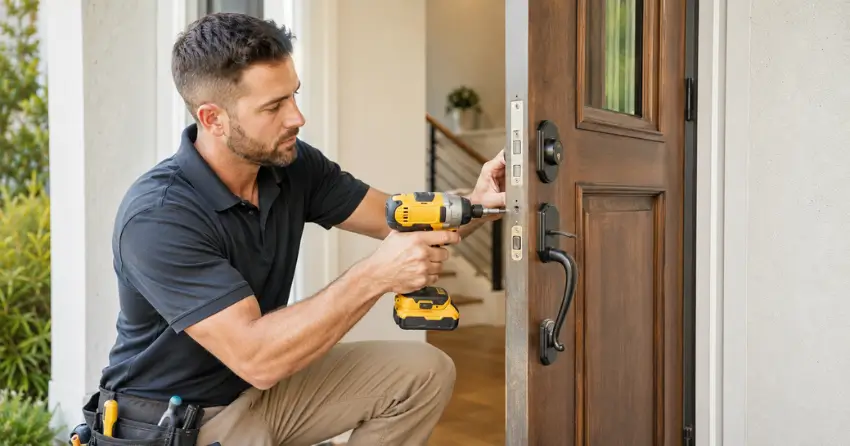 locksmith installing new deadbolt lock on front door in Stratford