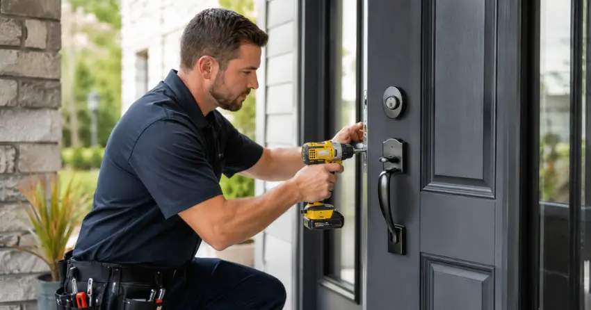 locksmith installing deadbolt lock on exterior door in Stratford