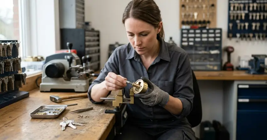 locksmith technician rekeying a deadbolt in Stratford