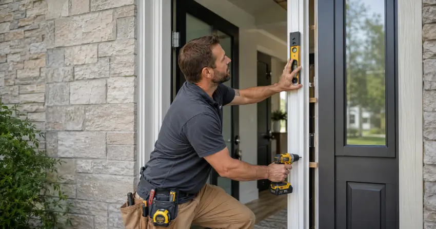 technician installing a new exterior door frame in Stratford