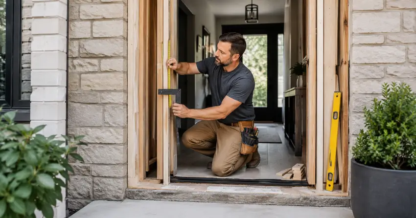 exterior door installer assessing rough opening in Stratford