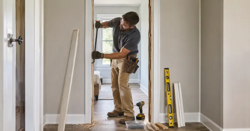technician removing an old interior door frame during installation North Pointe Estates, Stratford