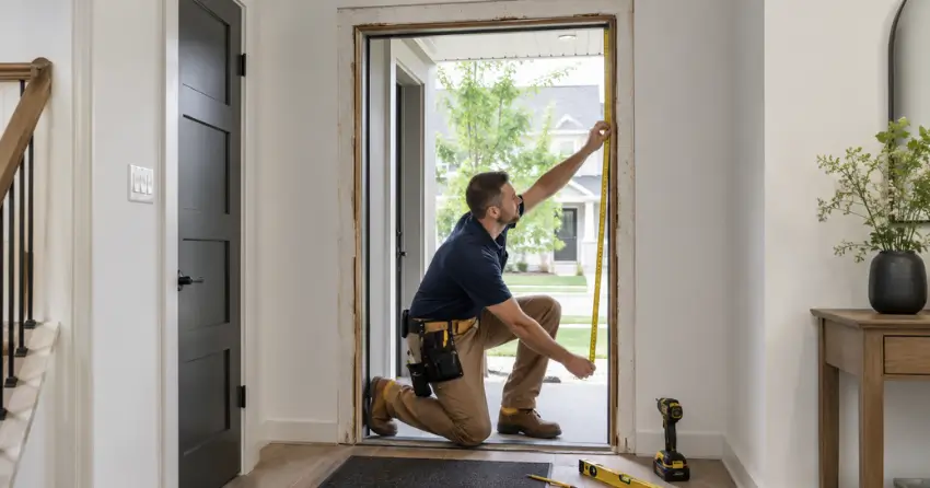 technician measuring a door frame before new door installation in Avon West and Sir Adam Beck Road Area, Stratford