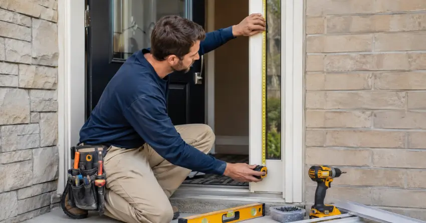 technician measuring door frame before storm door install in Forest Road, Stratford