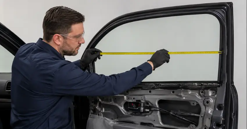 technician measuring door glass opening for replacement in Downtown Stratford, Stratford