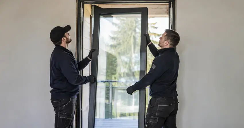 new glass panel being fitted into door frame in Poet & Perth, Stratford