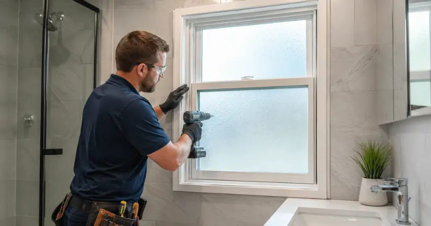 frosted glass installation bathroom window in North Pointe Estates, Stratford