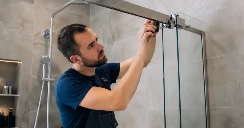 technician adjusting shower door hinge and track in North Pointe Estates, Stratford