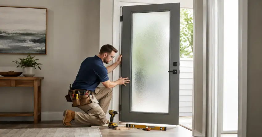 glass panel door installation with frosted privacy glass in residential setting in Stratford