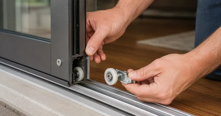sliding door alignment Stratford technician adjusting roller track