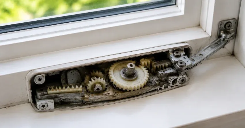 technician replacing casement window crank operator in North Pointe Estates, Stratford home