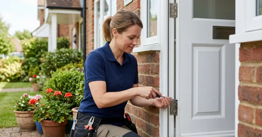 technician repairing exterior door hinge and frame in North Pointe Estates, Stratford