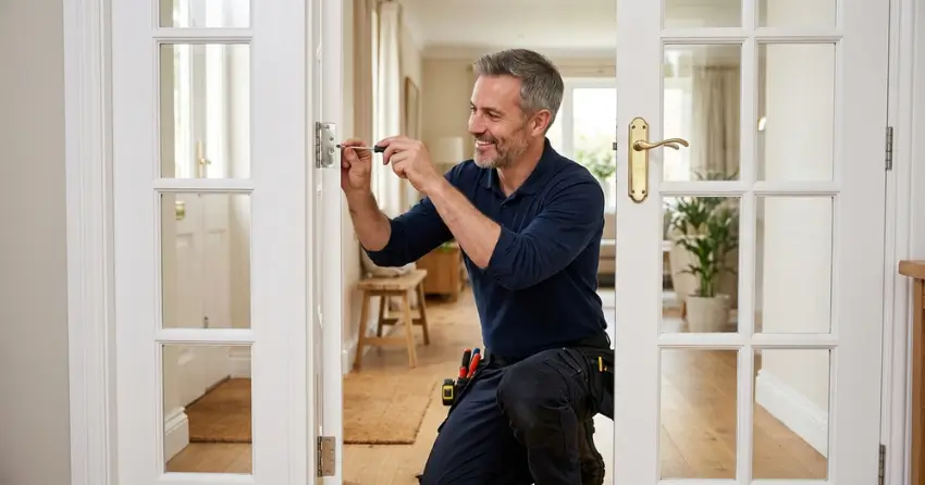 technician adjusting French door hinge for proper alignment in Stratford