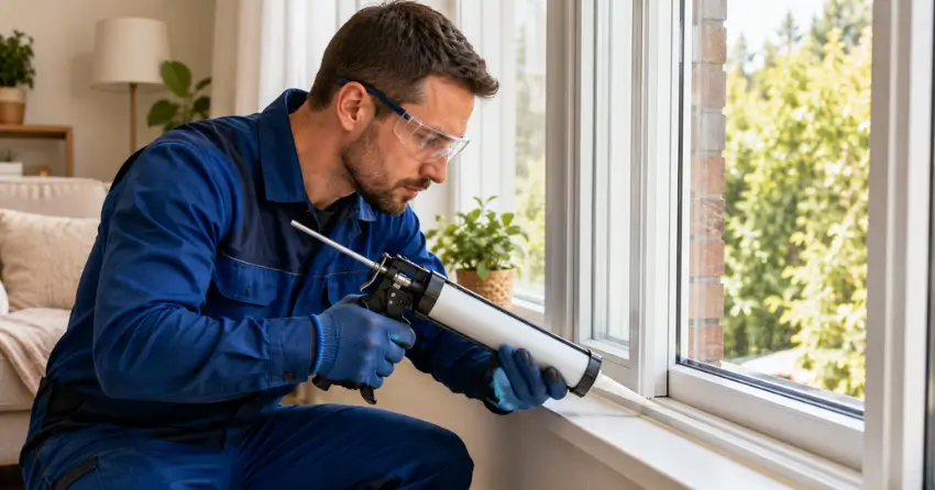 technician repairing window seal and frame in Stratford