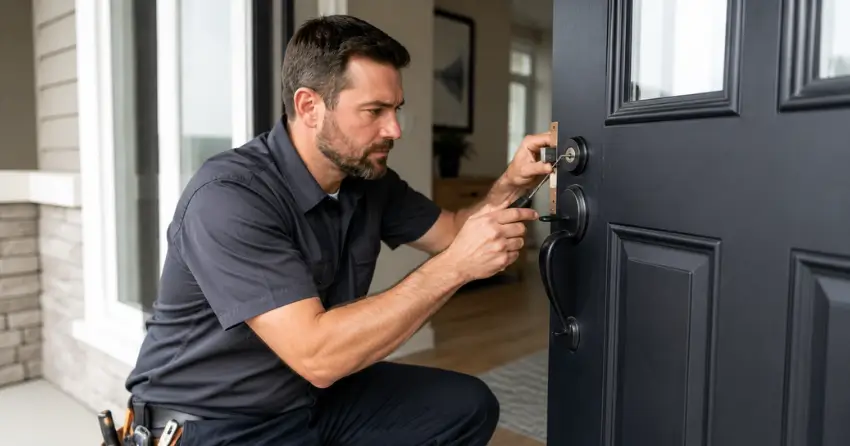 licensed locksmith technician working on residential deadbolt in Stratford