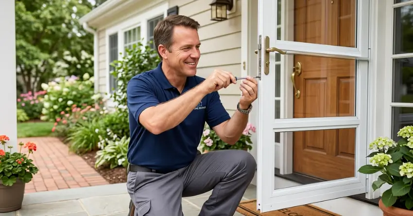 technician adjusting storm door hinge and closer in North Pointe Estates, Stratford